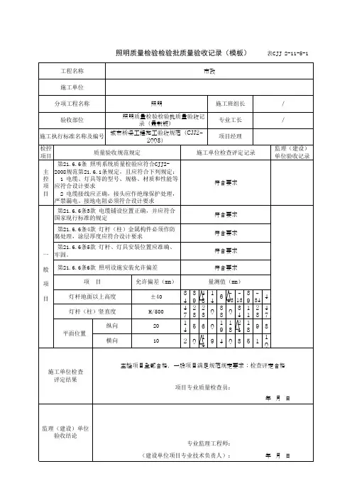 照明质量检验检验批质量验收记录(模板)