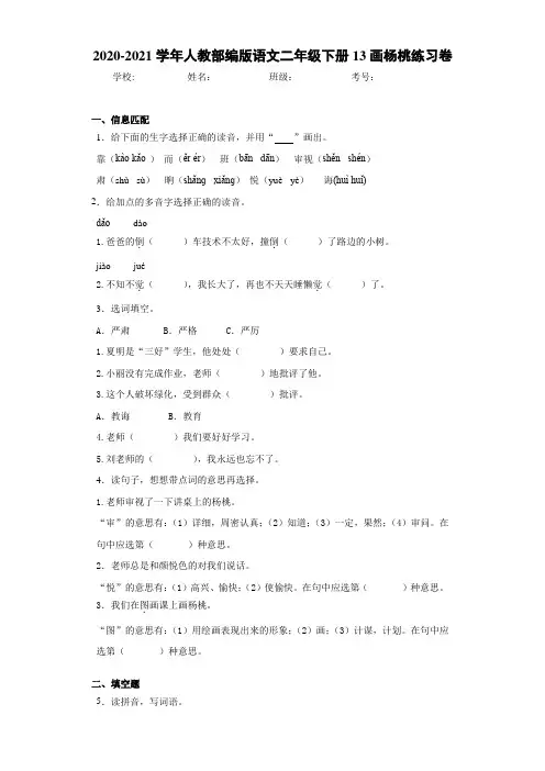 2020-2021学年人教部编版语文二年级下册13画杨桃练习卷