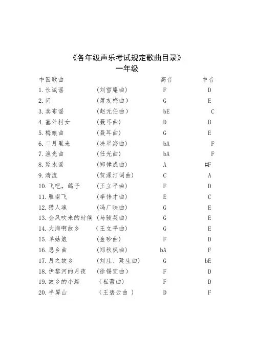 各年级声乐考试规定歌曲目录