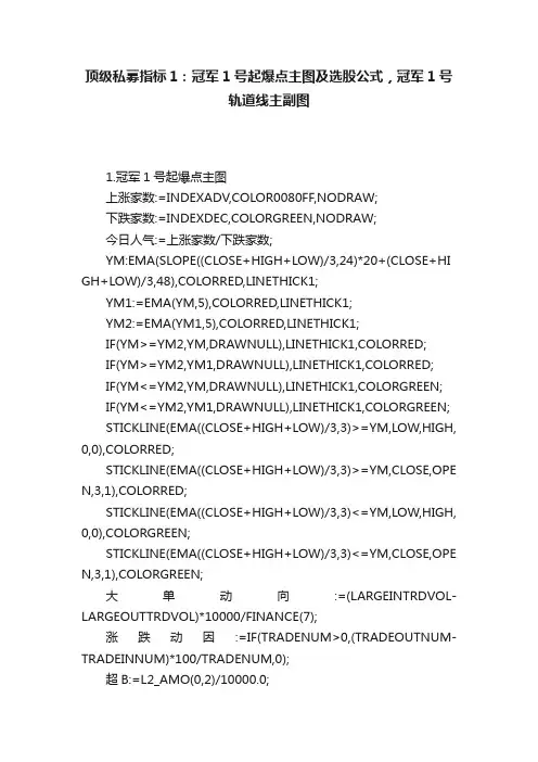 顶级私募指标1：冠军1号起爆点主图及选股公式，冠军1号轨道线主副图