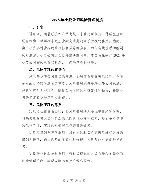 2023年小贷公司风险管理制度