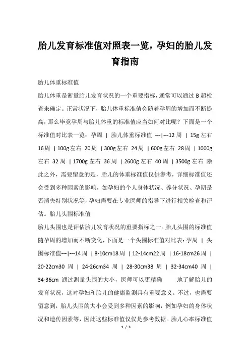 胎儿发育标准值对照表一览,孕妇的胎儿发育指南