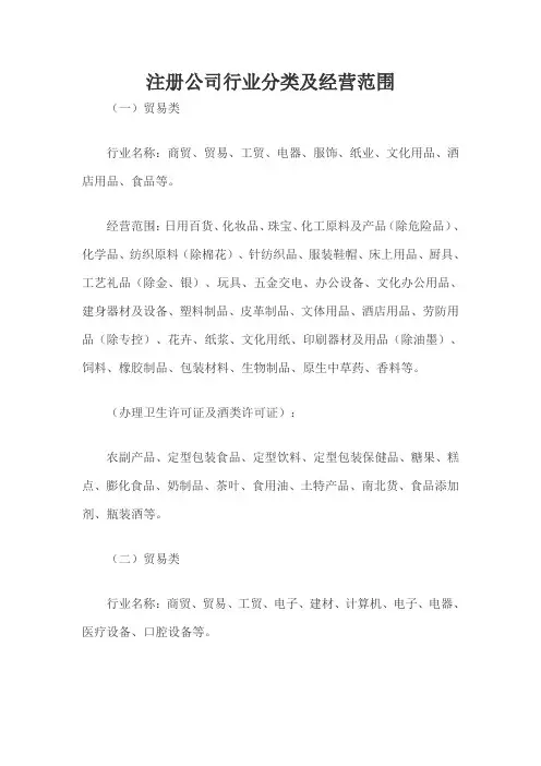 注册公司行业分类及经营范围