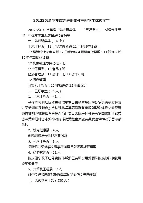 20122013学年度先进班集体三好学生优秀学生