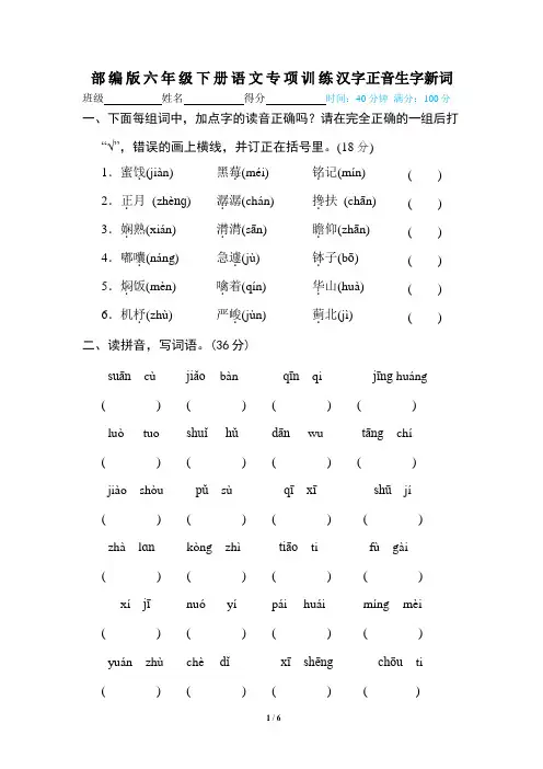 1 部编版六年级下册语文专项训练汉字正音 生字新词
