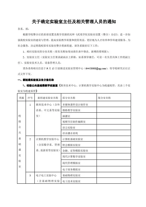 关于确定实验室主任及相关管理人员的通知