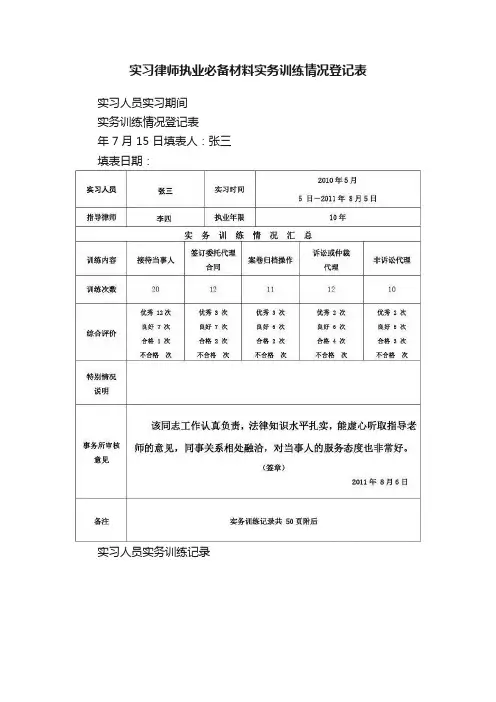 实习律师执业必备材料实务训练情况登记表