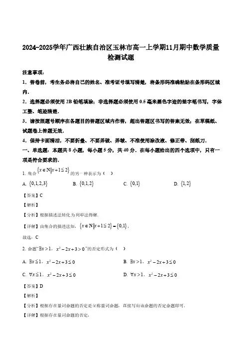 2024-2025学年广西壮族自治区玉林市高一上学期11月期中数学质量检测试题(含解析)