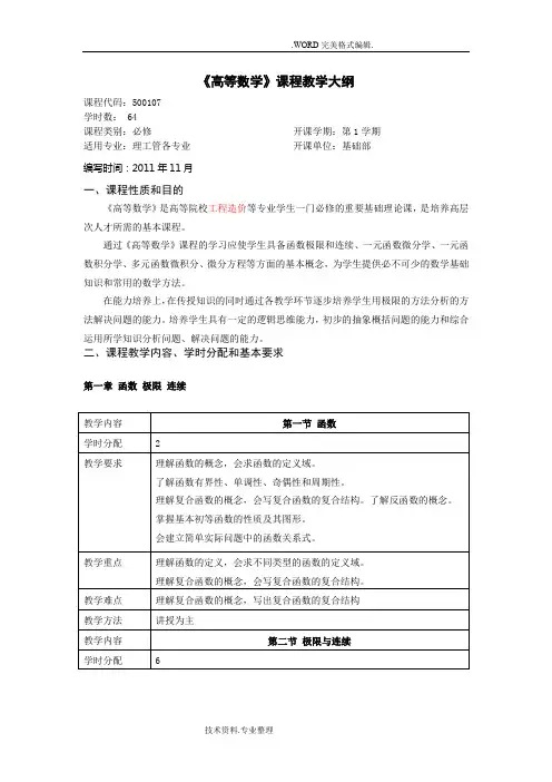 高等数学教学大纲