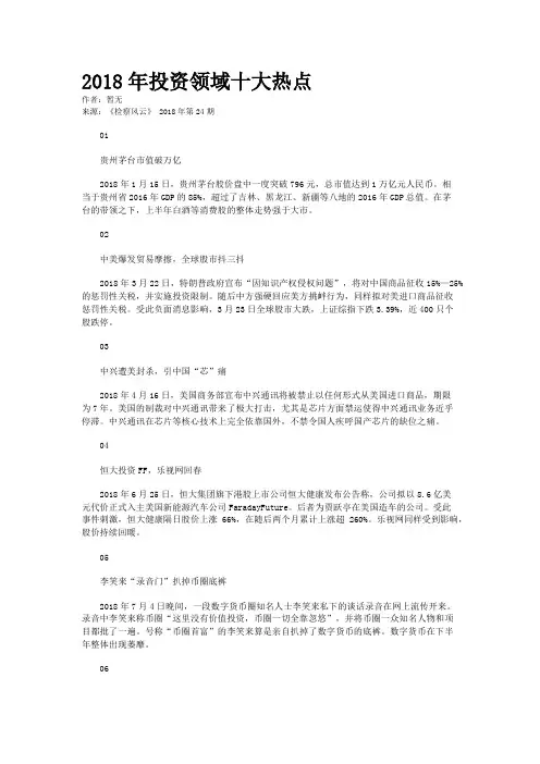 2018年投资领域十大热点