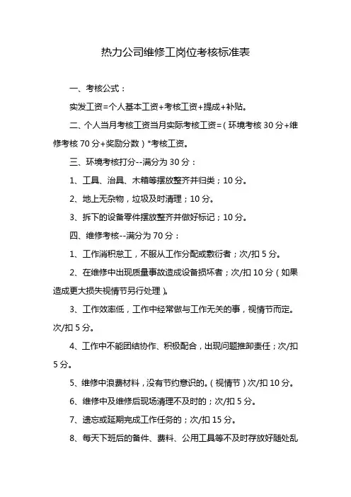 热力公司维修工岗位考核标准表