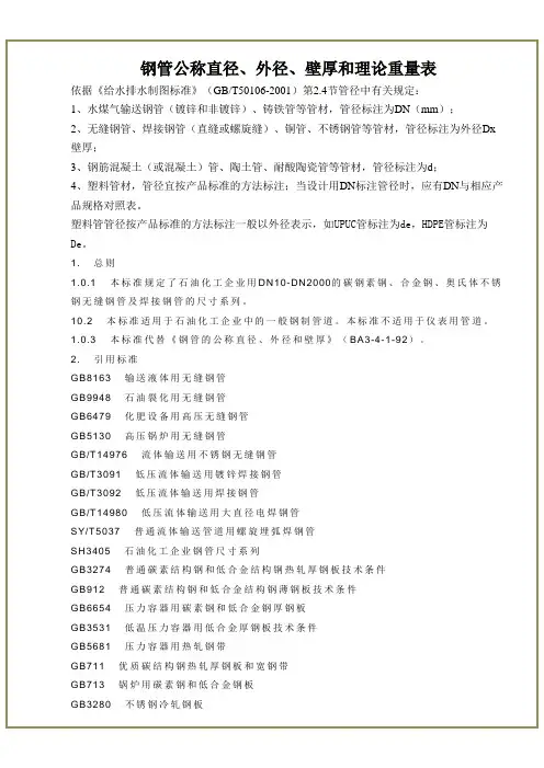 钢管公称直径、外径、壁厚和理论重量表