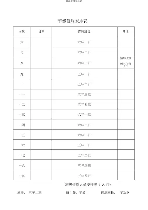 班级值周安排表