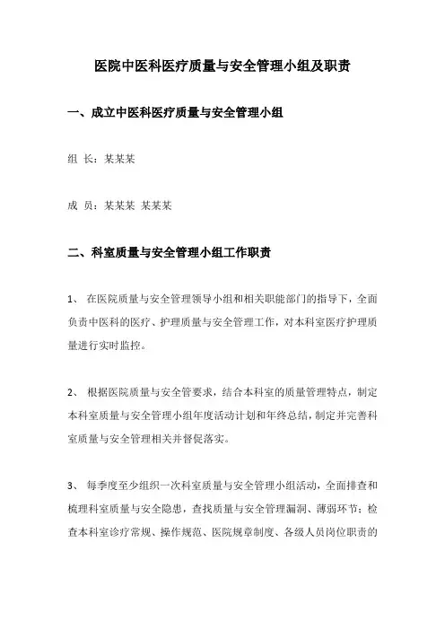 医院中医科医疗质量与安全管理小组及职责