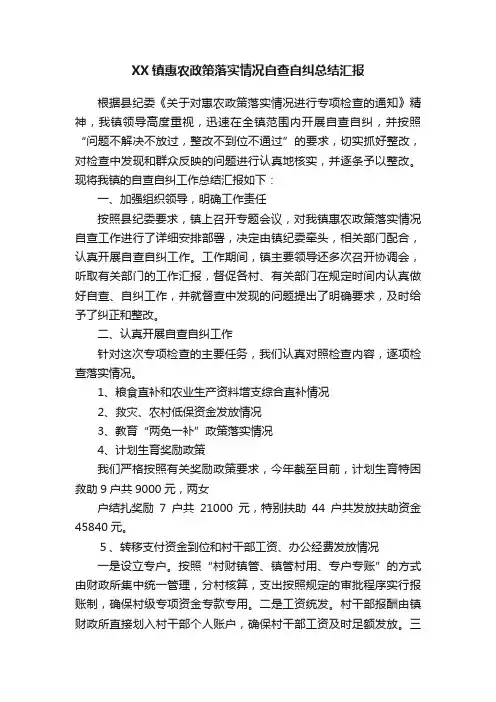 XX镇惠农政策落实情况自查自纠总结汇报