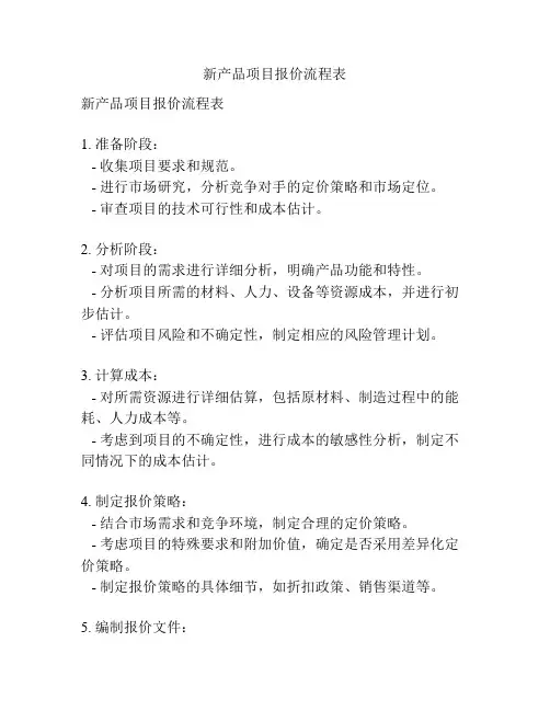 新产品项目报价流程表