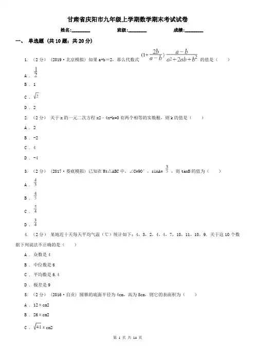 甘肃省庆阳市九年级上学期数学期末考试试卷