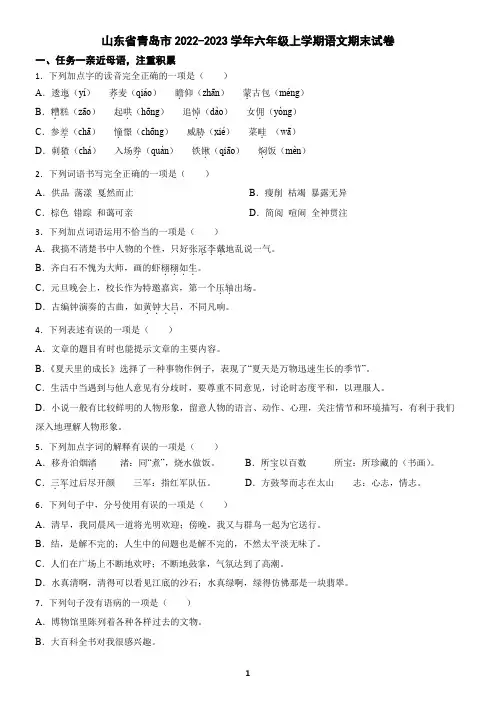 山东省青岛市2022-2023学年六年级上学期语文期末试卷(含答案)