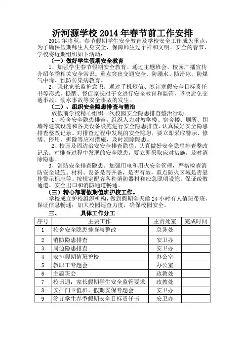 2014年放假前工作安排