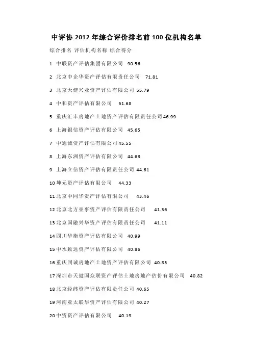 中评协2012年综合评价排名前100位机构名单