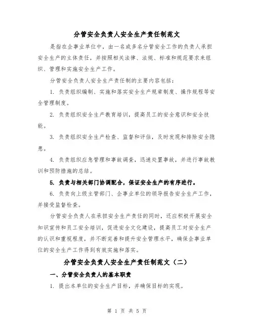 分管安全负责人安全生产责任制范文(三篇)