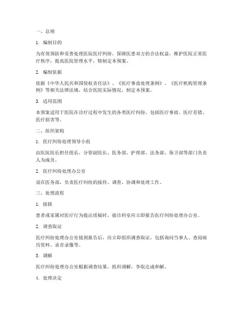 医院医疗纠纷处理应急预案模板