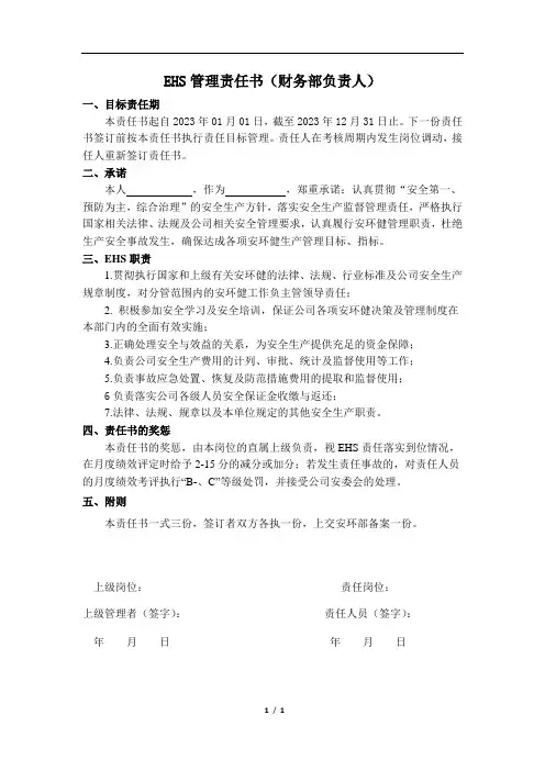 财务部负责人安全生产责任状