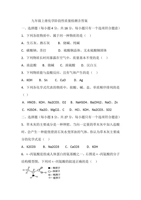 九年级上册化学阶段性质量检测含答案
