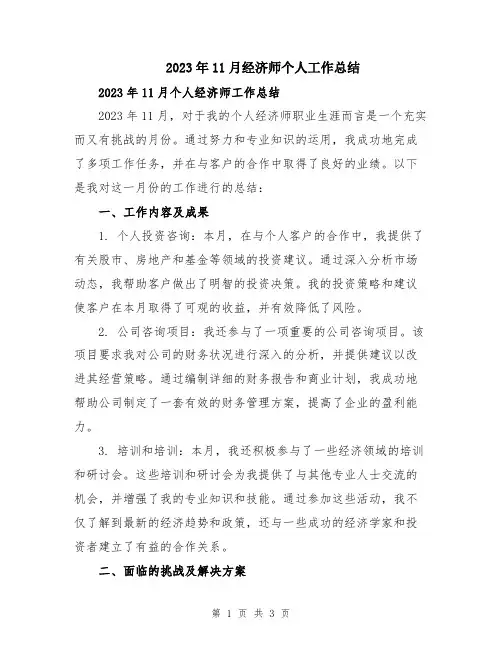 2023年11月经济师个人工作总结
