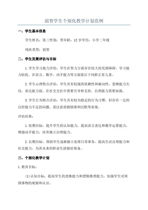 弱智学生个别化教学计划范例