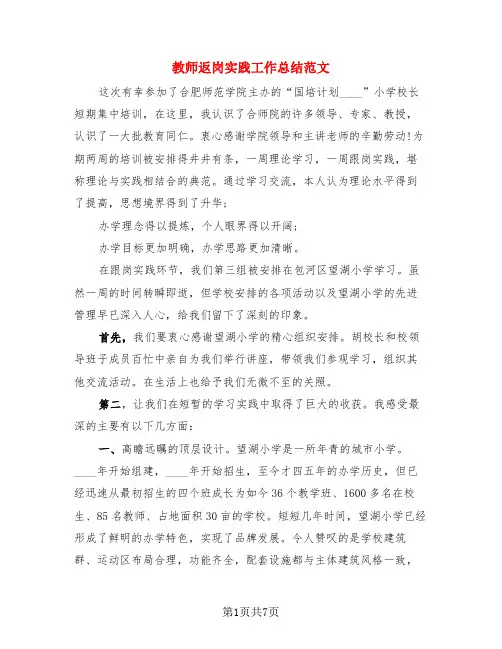 教师返岗实践工作总结范文(3篇)