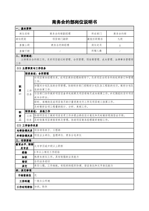 商务合约部副经理岗位说明书