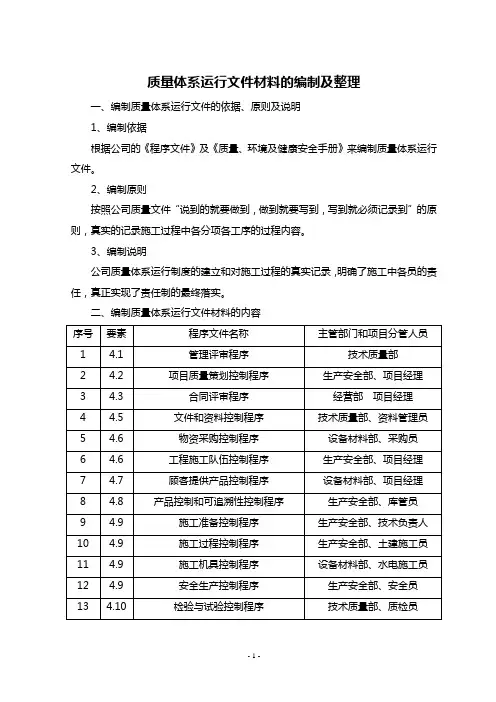 质量体系运行文件材料的编制及整理