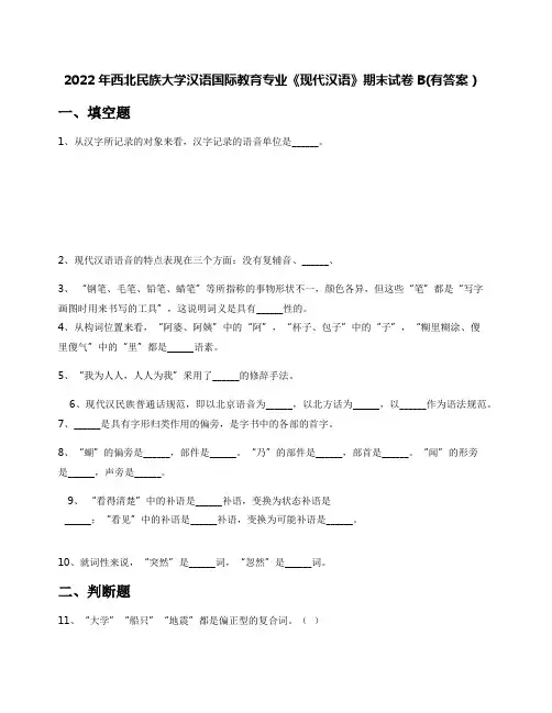 2022年西北民族大学汉语国际教育专业《现代汉语》期末试卷B(有答案)