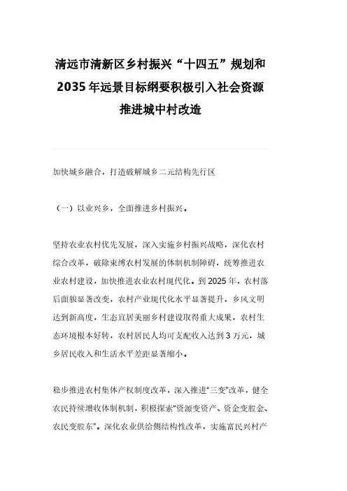 清远市清新区乡村振兴“十四五”规划和2035年远景目标纲要积极引入社会资源推进城中村改造