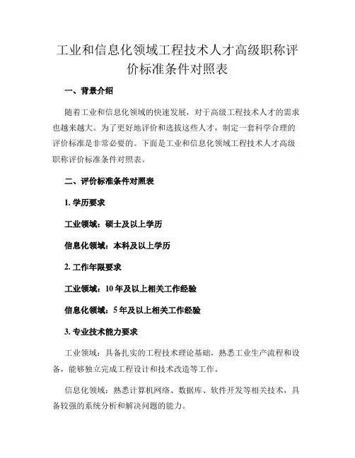工业和信息化领域工程技术人才高级职称评价标准条件对照表