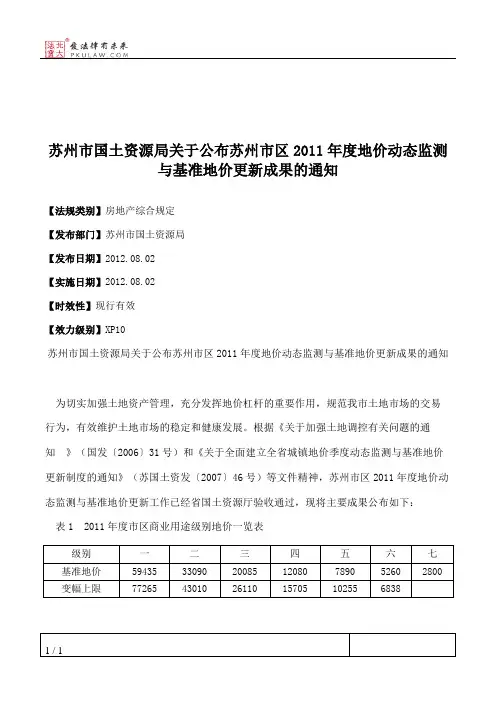 苏州市国土资源局关于公布苏州市区2011年度地价动态监测与基准地