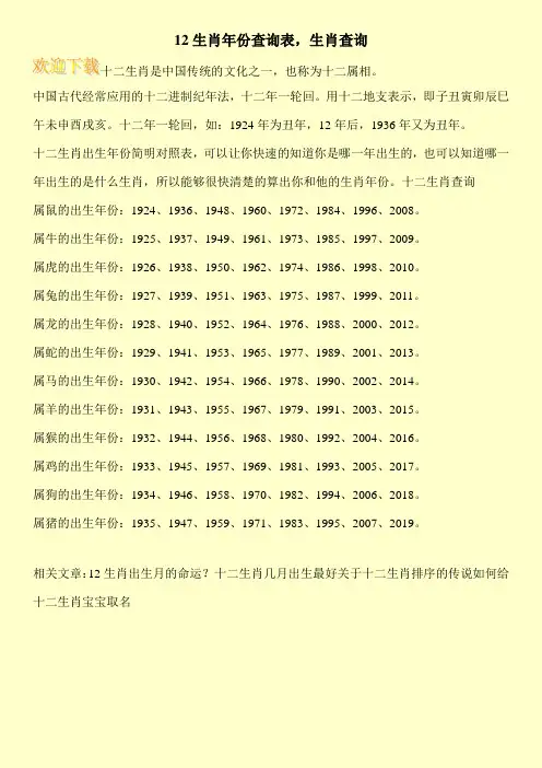 12生肖年份查询表,生肖查询