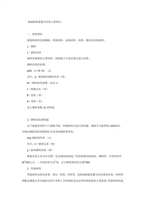 构成船舶重置全价的主要部分材料费用船舶的材料包括钢材