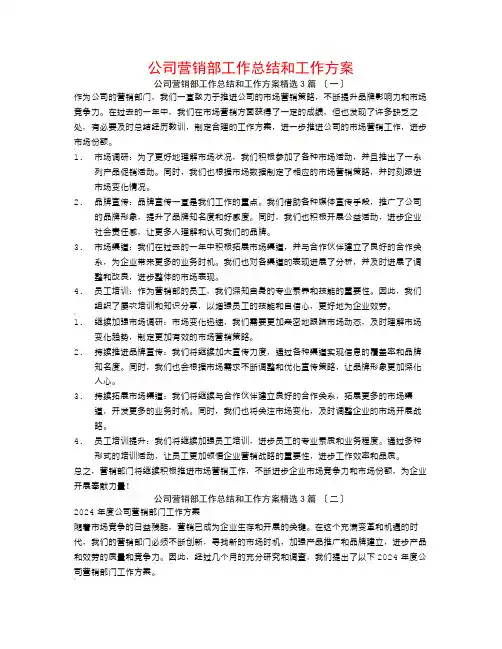 公司营销部工作总结和工作计划3篇