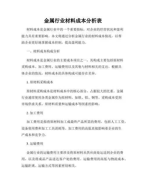 金属行业材料成本分析表