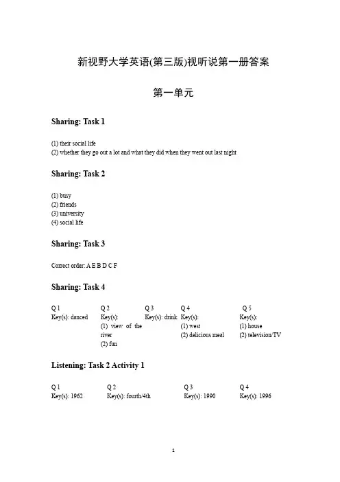 新视野大学英语(第三版)视听说第1-4册答案(合集)