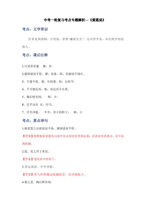中考语文一轮复习考点专题解析—《爱莲说》