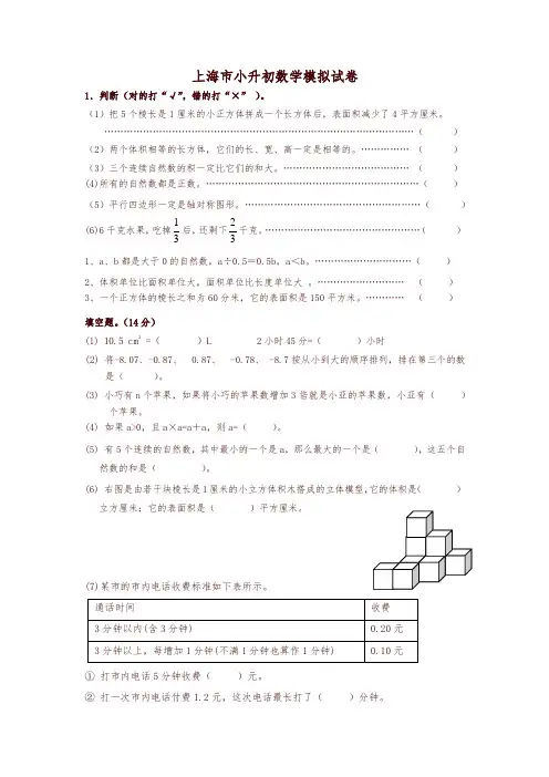 上海杨浦五年级小升初综合卷