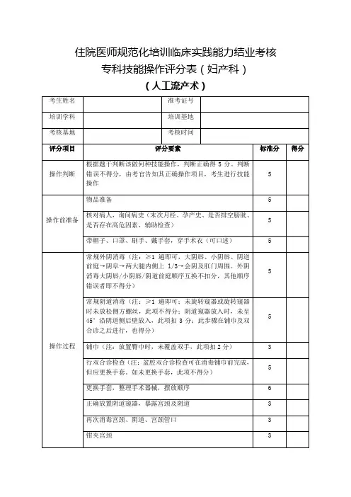住院医师规范化培训临床实践能力结业考核专科技能操作评分表(妇产科)人工流产术
