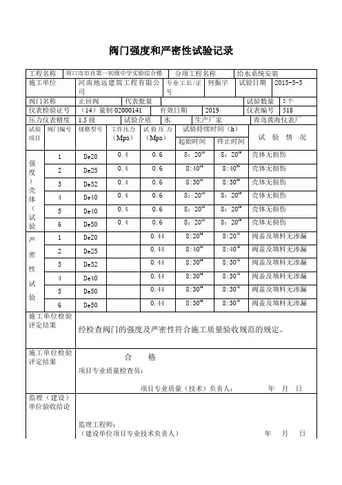 阀门强度和严密性试验记录