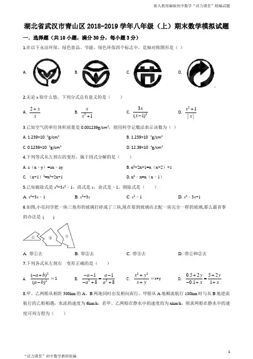 湖北省武汉市青山区2018-2019学年八年级(上)期末模拟数学试题(原卷版)