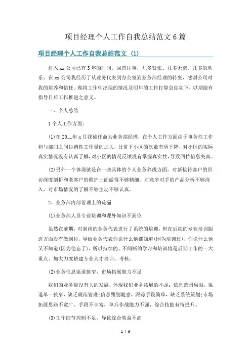 项目经理个人工作自我总结范文6篇