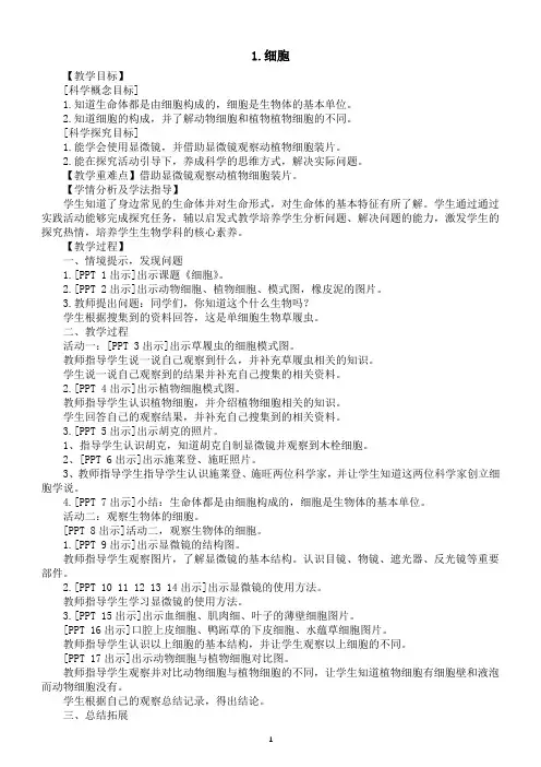 小学科学青岛版(六三制)六年级上册第一单元第1课《细胞》教案(2022新版)