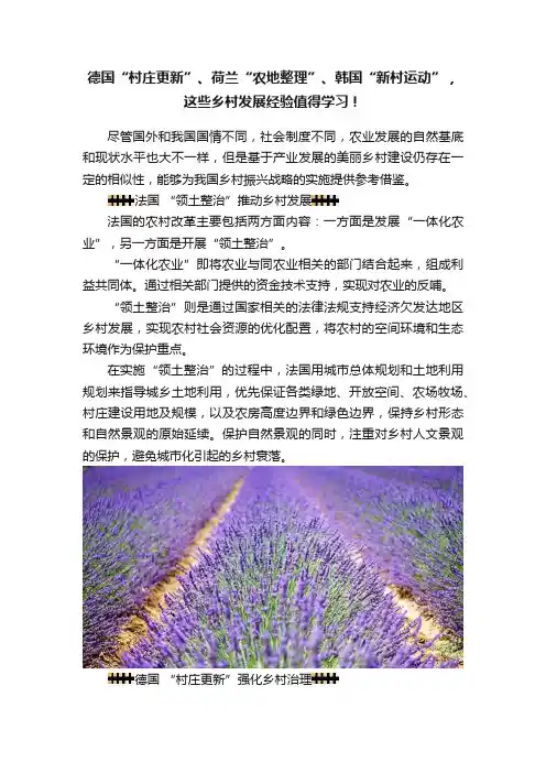 德国“村庄更新”、荷兰“农地整理”、韩国“新村运动”，这些乡村发展经验值得学习！